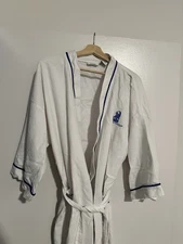 The Ritz Carlton Waffle White Mid-calf length Robe Pockets Blue Trim One Size