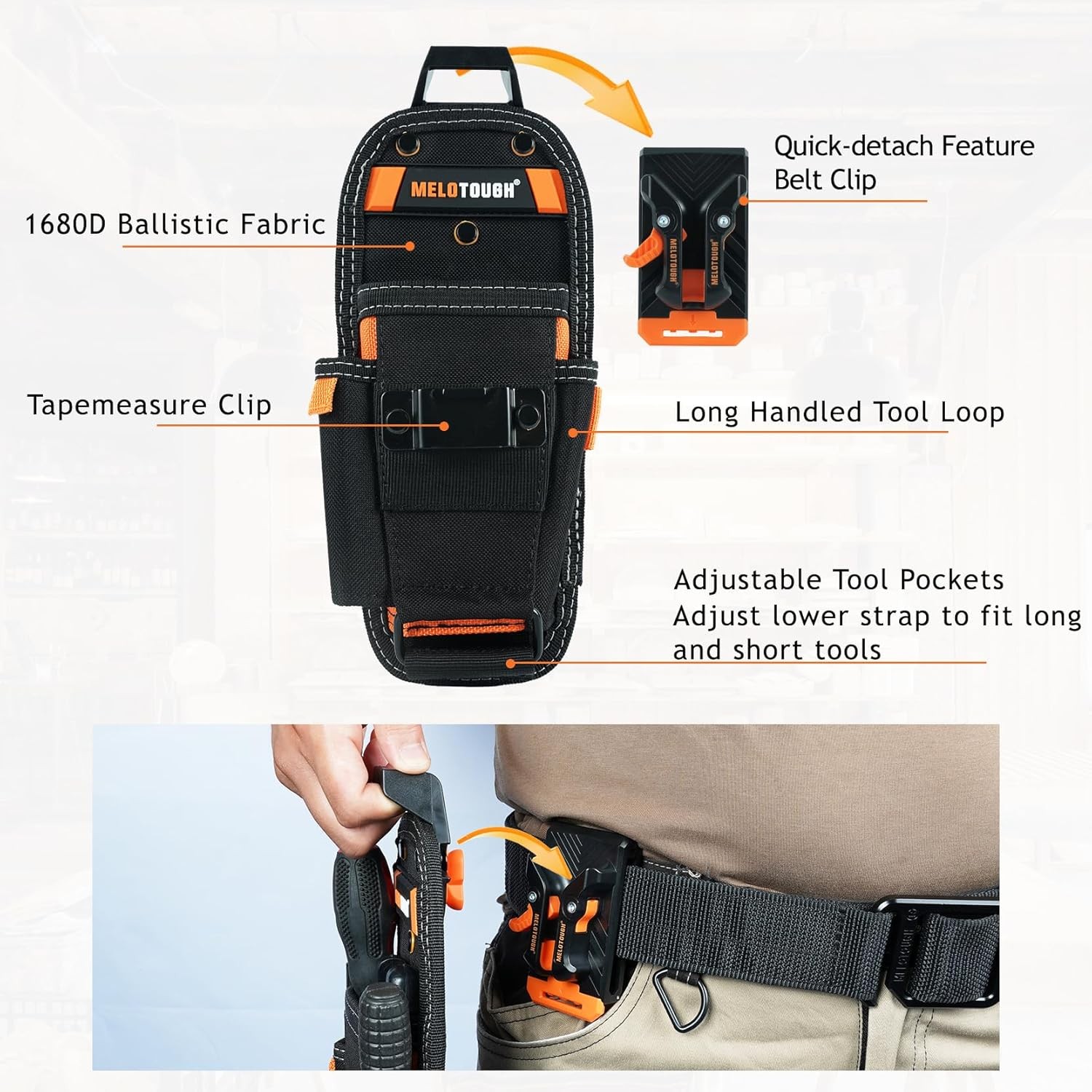 MELOTOUGH Small Tool Pouch With Tapemeasure Clip, Orange 