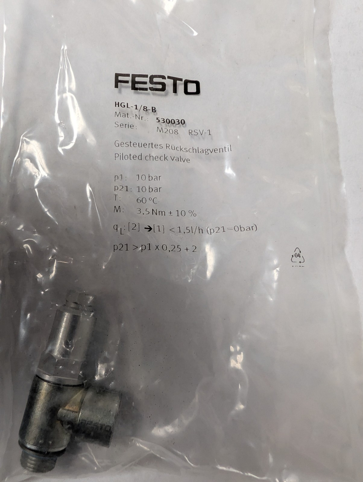 Festo HGL-1/8-B Pneumatic Piloted Check Valve, New