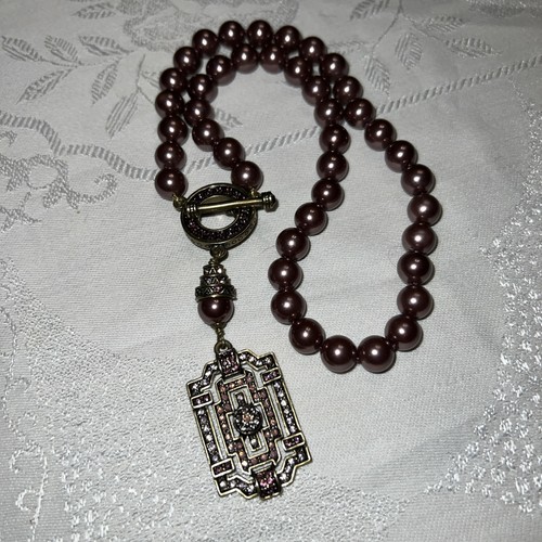 Heidi Daus Art Deco Faux Pearl Pendant Necklace Plum Aubergine Toggle