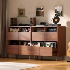 2PCS Vinyl Record Player Stand 4-Drawer Semi-Enclose Storage Media Console Table