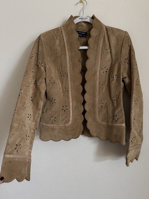 Boston Proper Suede Eyelet Cutout Tan Leather Jacket Size 8 Western 