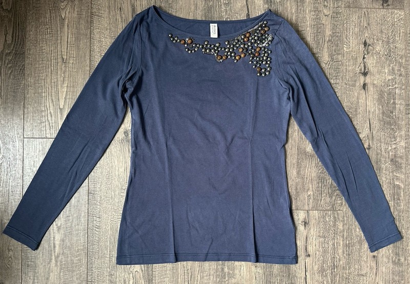 esprit de corp Navy Cotton Long Sleeve Woman Top Beaded Size Small