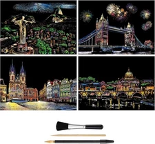 Rainbow Scratch Art Painting Paper (A4) for Adults & Kids, DIY Night View Scratc