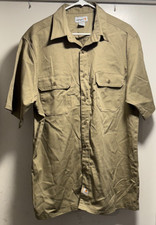 Mens Carhartt Button Up Tan Brown Khaki Short Sleeve Shirt Large Work Casual