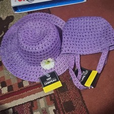 Girls' Purple Woven Straw Sun Hat  Tote Bag Set, Flower Accent, Wide Brim