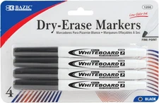 BAZIC Products Dry Erase Marker Black Fine Tip, 1-Pack, (4-count) 