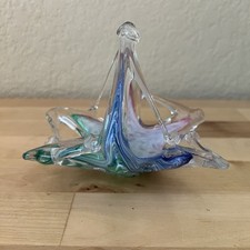 Vintage Murano Venetian Multicolor Pastel Swirl Hand Blown Art Glass Basket Dish