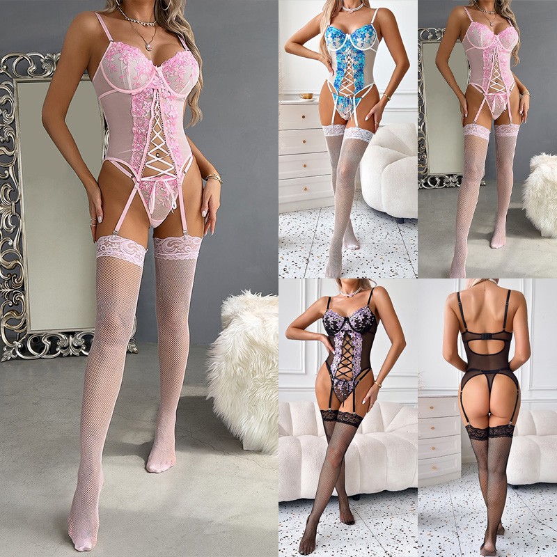 Ladies Suspender Lingerie Set Lace Bra Thong Nightwear Sleepwear Body Stockings