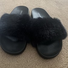 Steve Madden Softly Black Faux Fur Slides