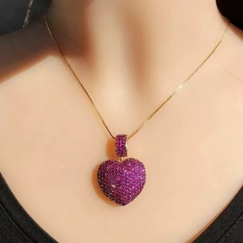 1Ct Round Cut Lab Created Red Ruby Heart Pendant 14K Yellow Gold Plated F/Chain - Picture 4 of 7