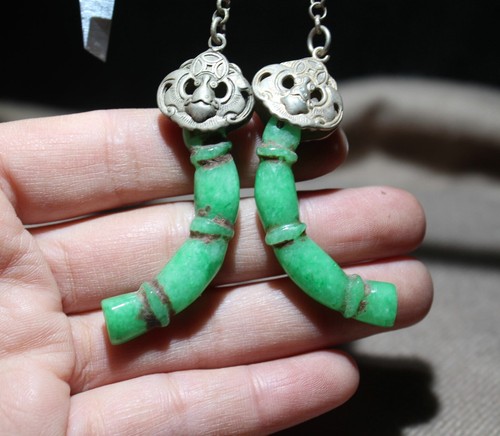 A Pair Chinese Antique Tibetan Silver Inlaid Natural Jade Earrings Lucky Jewelry