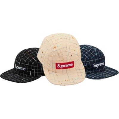 Supreme Boucle Camp Cap Hat Black White FW18 Grid 5-Panel BOGO Box