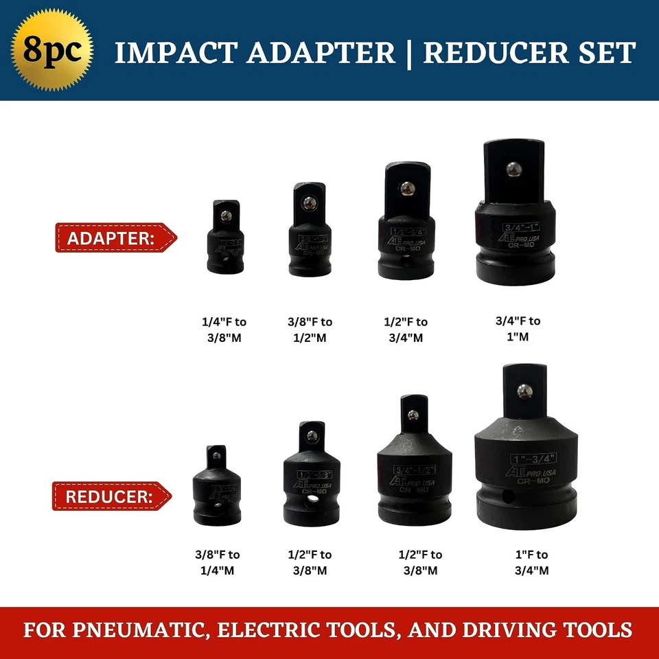 8pc Impact Socket Adapter Reducer Set, CR-MO, Professional Grade w/ Case - Image 2 of 2
