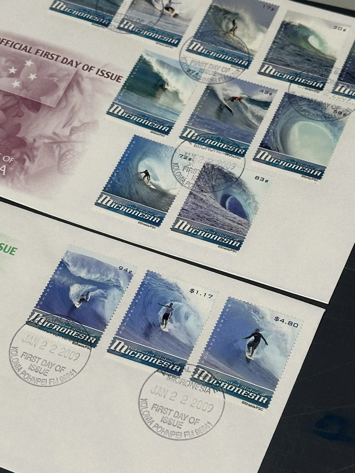 MICRONESIA 2009 3 FDC + Full Set Of Stamp, Surfing Ocean Waves SC 786-99 CV +$54 - Image 3 of 3