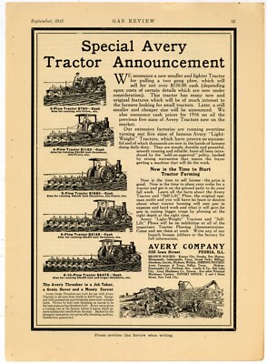 1915 Avery Tractors Ad: Three to Ten Plow Size  The Avery Co. - Peoria, Illinois