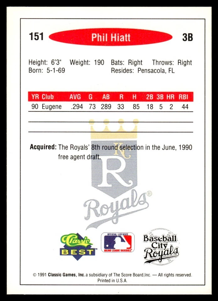 1991 Classic Best Phil Hiatt Baseball City Royals #151 - Image 2 of 2