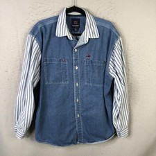 Vintage Bugle Boy Shirt Mens Large Blue Denim Mixed Pattern Retro Y2K 90s