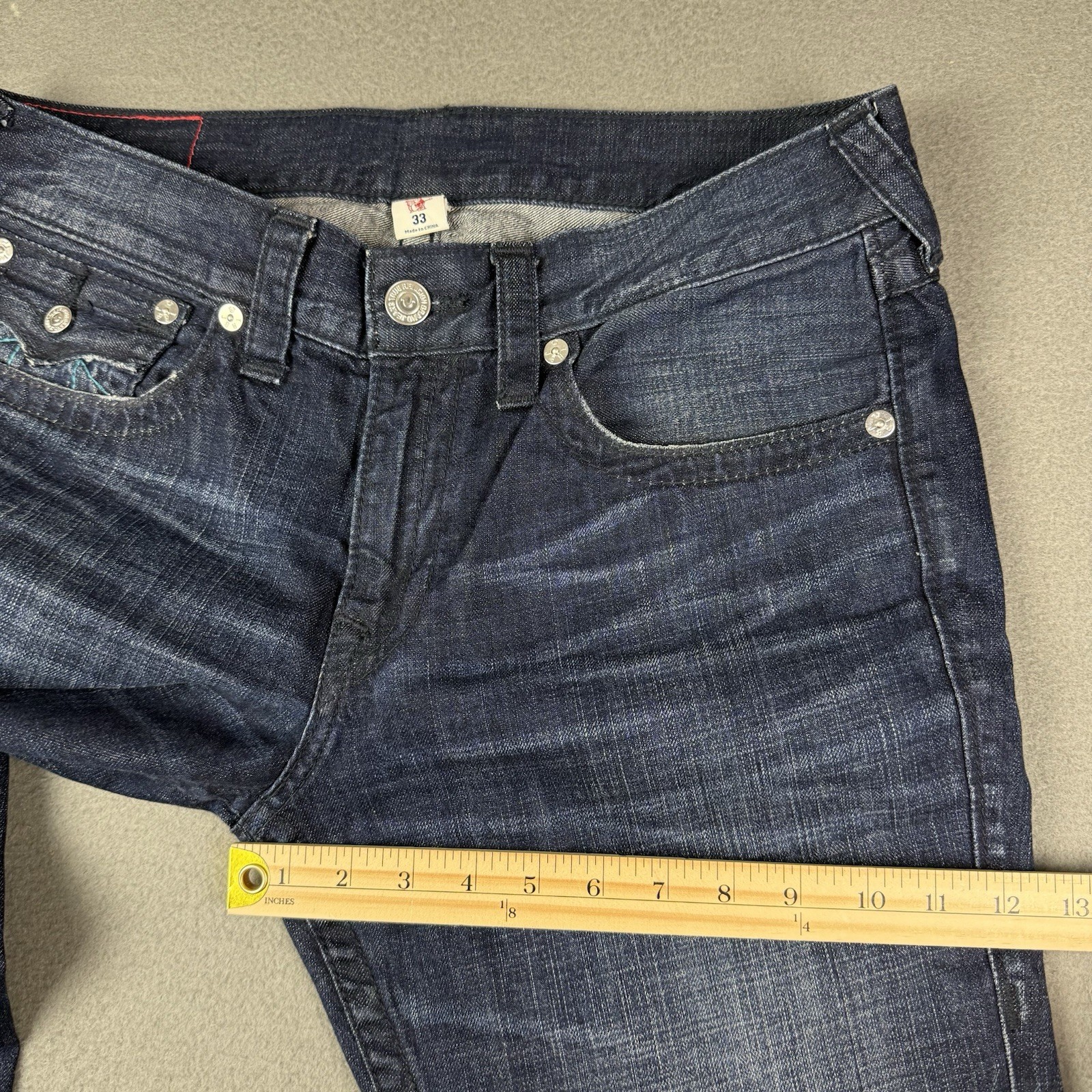 True Religion Jeans Men's 33 (Fits 35x34) Skinny Flap Pockets Blue Embroidered