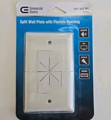 Commercial Electric - Split Wall Plate with Flexible Opening. White Plate (New) 