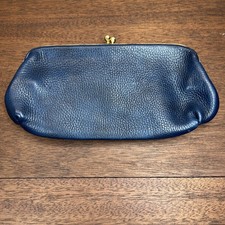 Vintage Blue Leather Gold Color Kiss Lock Handbag Purse Clutch