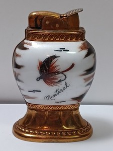 Evans Classic White & Gold Montreal Fly Fishing Enamel Table Lighter EXC JGBx29