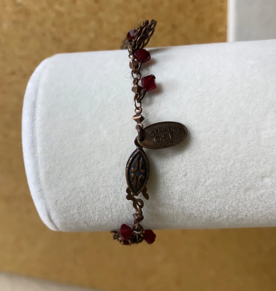 复古 LIZ PALACIOS 手镯红宝石红色水晶古董黄铜 7 英寸花朵 — 第 2/4 张图片