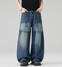 Men's Dark Blue Denim Jeans Straight Leg Casual Pants Punk Hip Hop Trousers New