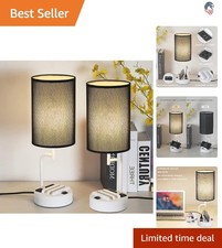 Pack of 2 Modern USB Charging Table Lamps with AC Outlet Linen Shade