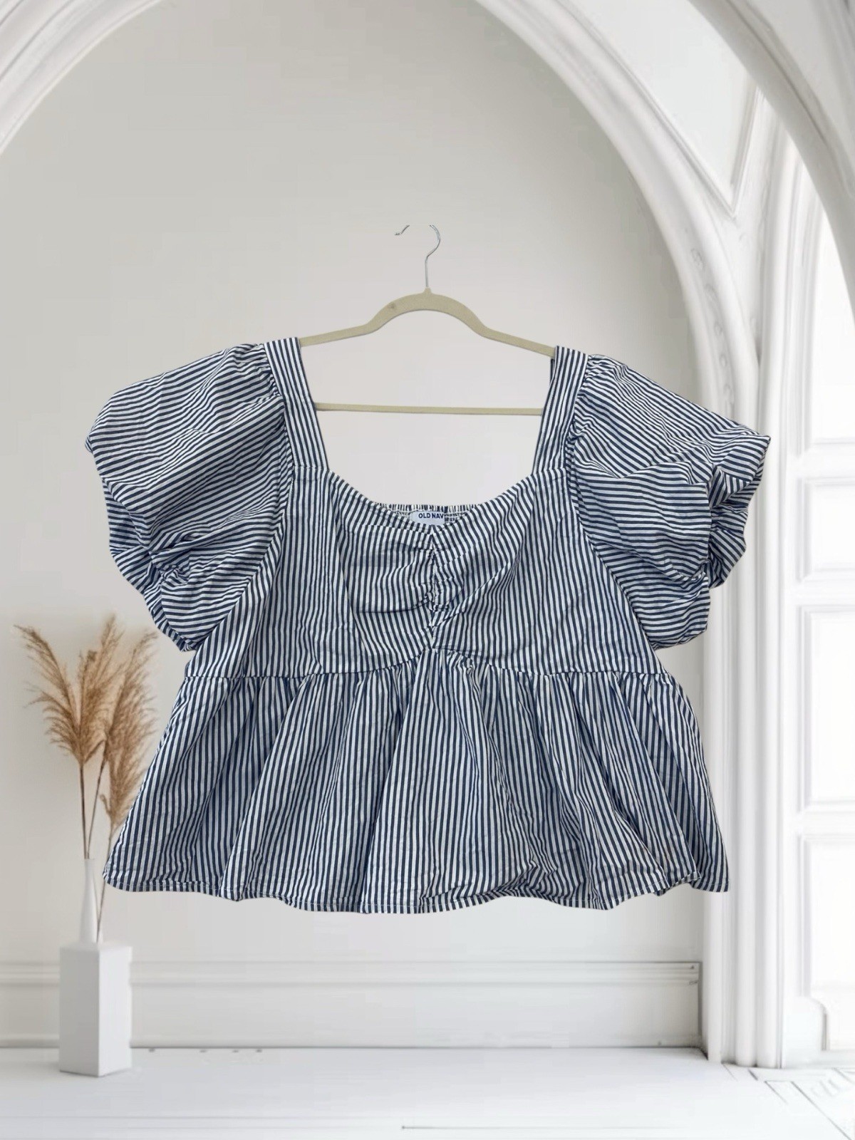 Old Navy Blue Stripe Smocked Puff Sleeve Babydoll Top Women's XXL Stretch