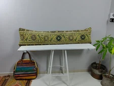 12x48 Kilim Lumbar Pillow, Green Wool Cushion, Turkish Bolster Home Decor