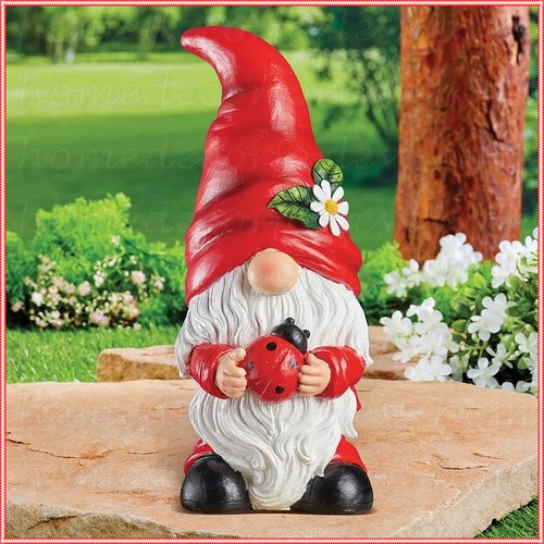 Adorable Gnome with Ladybug Garden Statue Figurine Sculpture Yard Ornament Decor - Picture 3 of 3