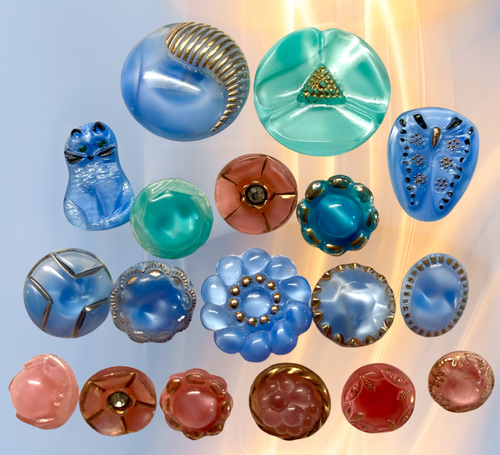 Great Bunch of Vintage Moonglow Glass Buttons inc Flower Cat Butterfly Paisley