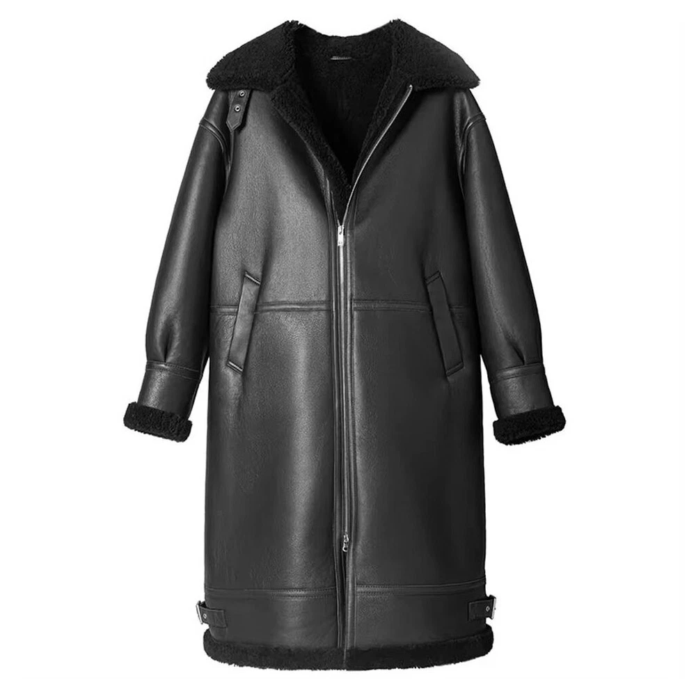 Men's Black B3 Shearling Jacket Trench Coat Sheepskin Leather Jacket Winter Coat