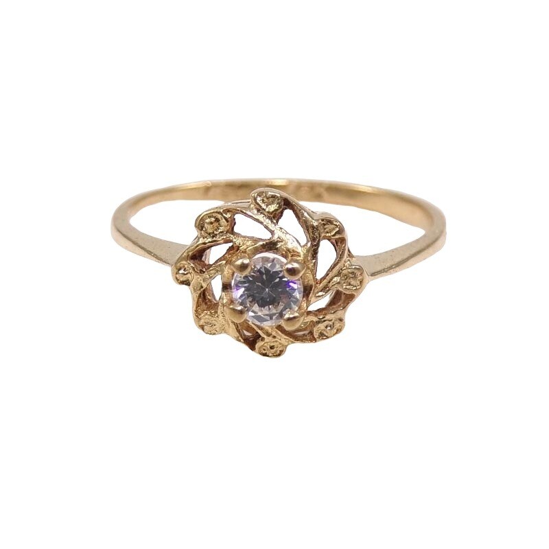 Solid 18K Yellow Gold Clear CZ Flower Ring Size 6 - image 1