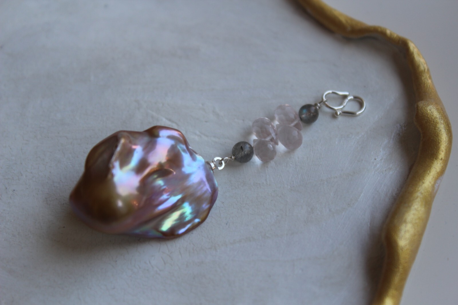 Pendentif perle baroque rose dorée quartz rose véritable - 3