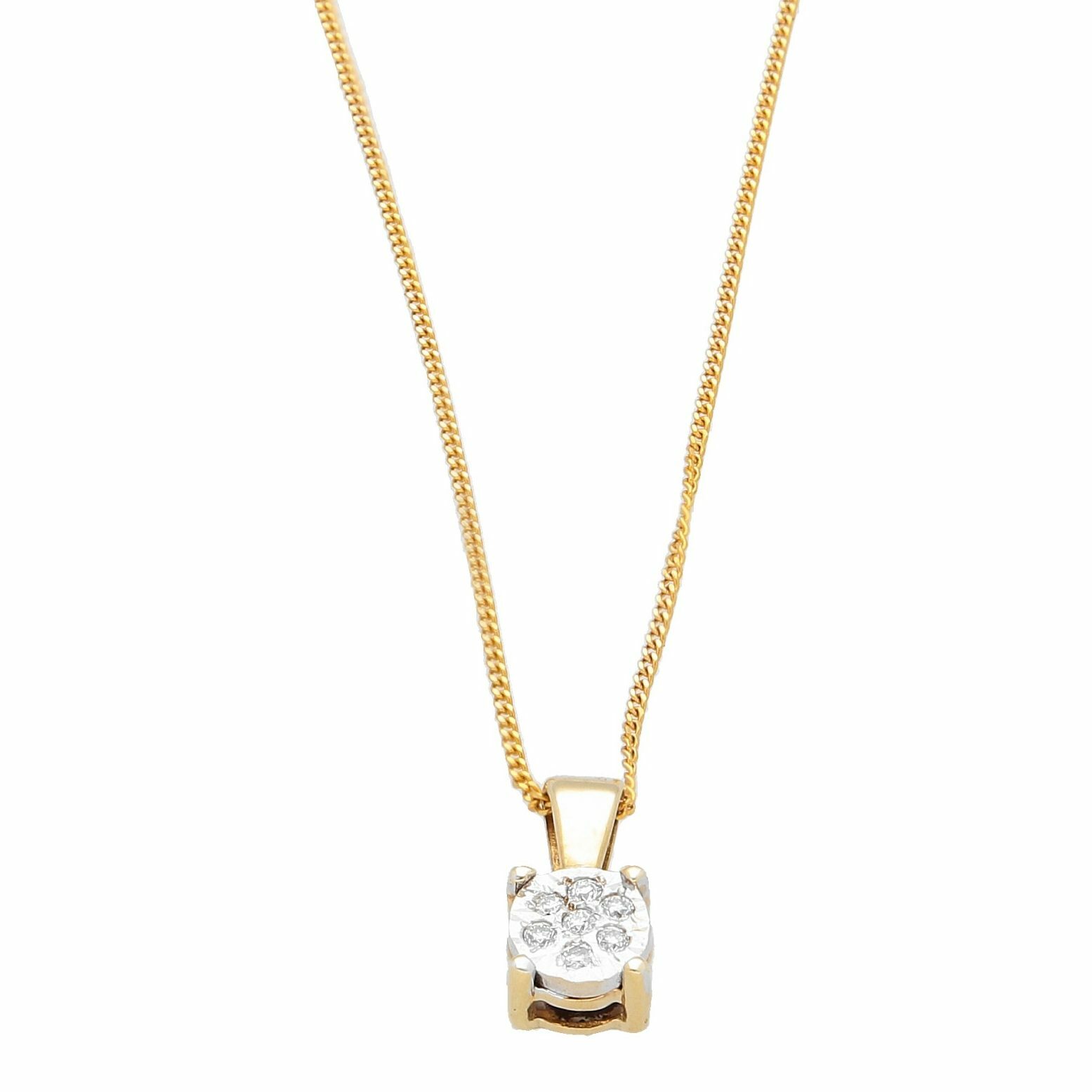 9Carat Yellow Gold 0.05ct Diamond Illusion Cluster Pendant w/ 19.75"" Curb Chain