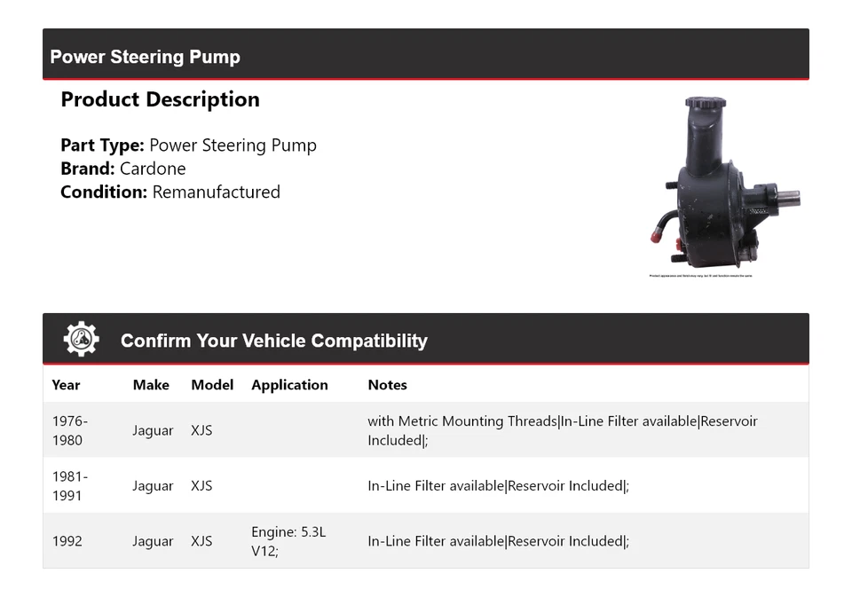 Bomba de dirección asistida Cardone para Jaguar XJS 1976-1992 1977 1978 1979 1980 1981 Foto 2 de 4