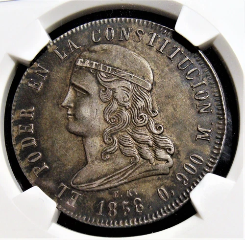 Ecuador: 1858-GJ Silver 5 Francos KM-39 NGC AU-50. RARE!!! Ex Heritage.