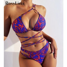 Printed Wrap Around One Shoulder Bikini Women Swimwear Two-pieces Bikini Set