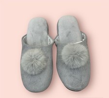 NWOT Pottery Barn Gray Velvet Pom Pom Slippers size 6