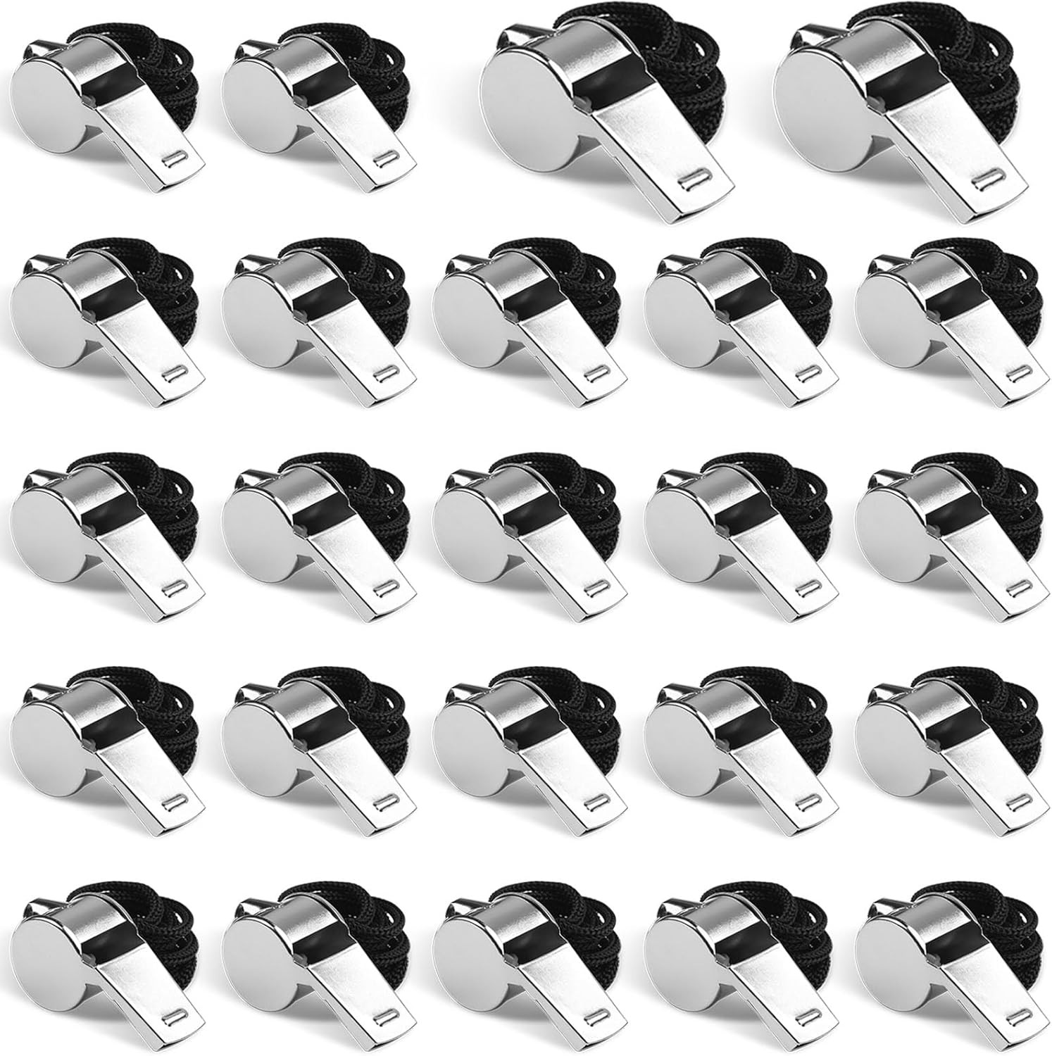 24-Pack Stainless Steel Whistles with Lanyards - Loud, Clear Sound for Coaches,