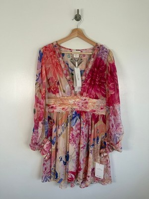 Camilla Kleid Gr. XL rosa 100% Seide kurz V-Ausschnitt Blumen Perlen Boho verziert