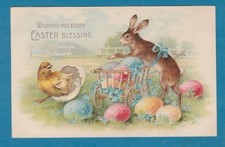Easter embossed pc/ cart w/colored eggs/rabbit talking to baby chick/broken egg