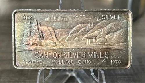 RARE 1970 CANYON SILVER MINES, WALLACE IDAHO - 3 OZ FINE SILVER ART BAR