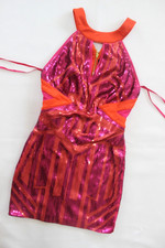 NEW Bebe pink red geo sequin side cutout mesh party top dress XS 2 cocktail