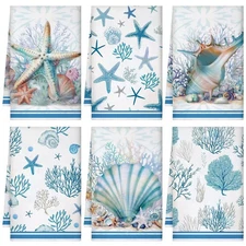 Set of 6 Beach Kitchen Towels Coastal Ocean Dish Towels Sea Nautical Tea Towe...