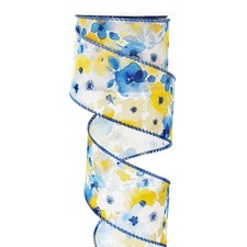 Watercolor Floral Wired Edge Ribbon 2.5 Inch White Yellow Blue Flower 12 Yards
