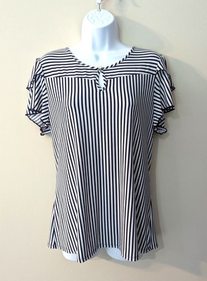 Atelier 29 Navy Blue & White Striped Ruffled Short Sleeve Blouse Size Large