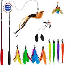 Interactive Cat Wand Toy Set 2 Retractable Wands 38  50 with 11 Refills Feather